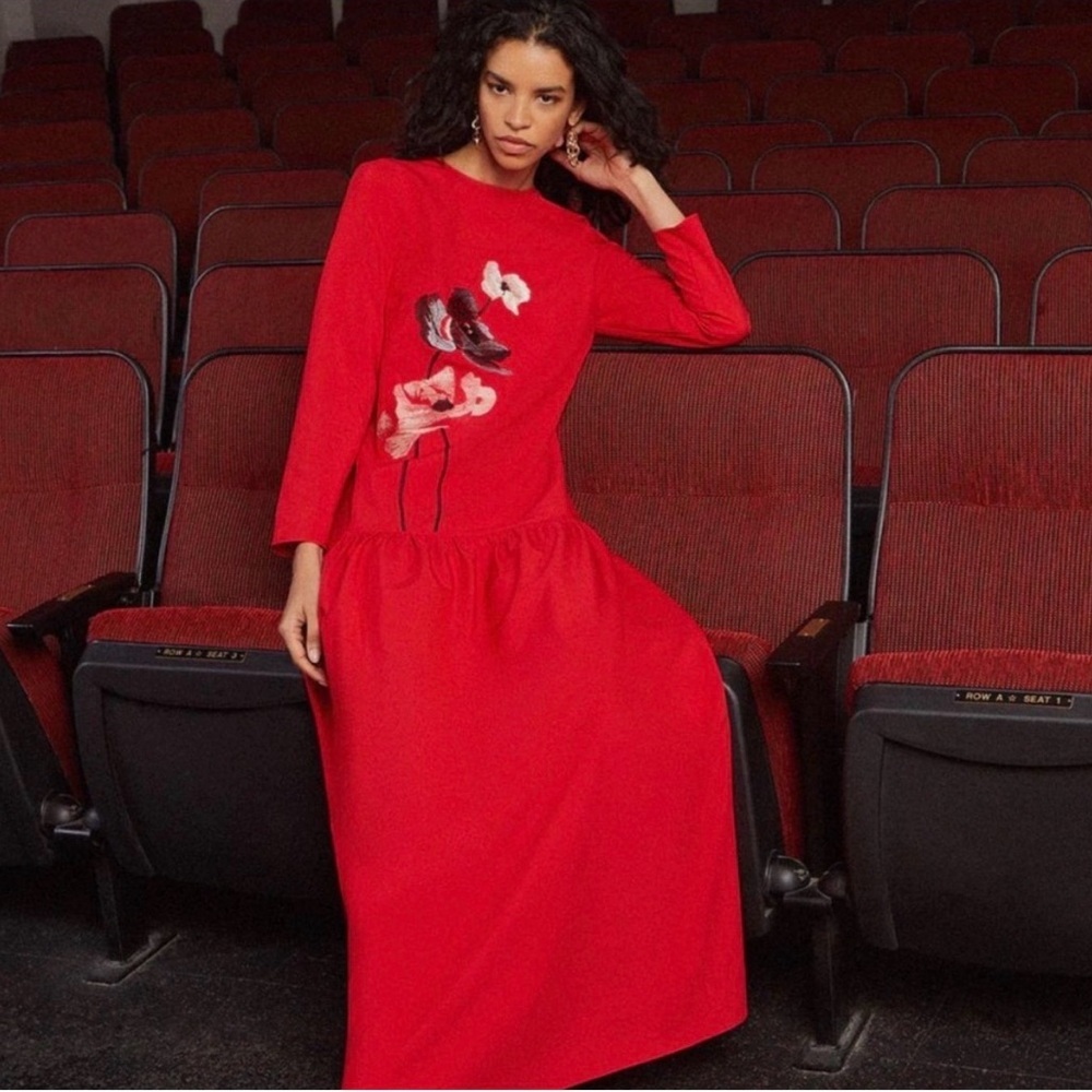 Misook Vibrant Red Floral Maxi Dress Statement Ready
